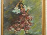 painting of a woman in a red dress holding a tennis racquet