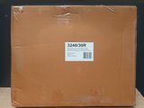 a cardboard box with a sticker on it sitting on a table