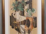 une image représentant une peinture sur laquelle figurent une guitare et une plante en pot