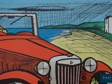 a drawing of a red car with a man in the back seat