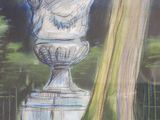 painting of a large white urn sitting next to a tree in a park