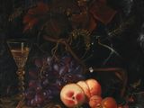 a painting of grapes, peaches and other fruit on a table