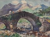a watercolor painting of a man sitting on a bridge