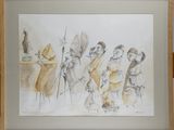 a drawing of a group of people sitting in a room