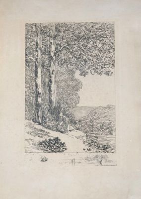 un dessin représentant un paysage avec des arbres et une personne assise sur un banc