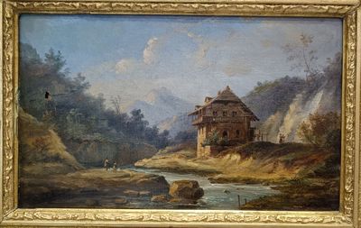 tableau représentant une scène fluviale avec une maison au loin et un homme dans un bateau au premier plan