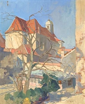 painting of a house with a tree in front of it and a building in the background