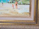 a picture of a painting of a family on the beach