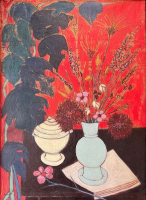 a painting of a vase of flowers and a book on a table
