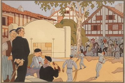 a painting of a baseball game being played in a town