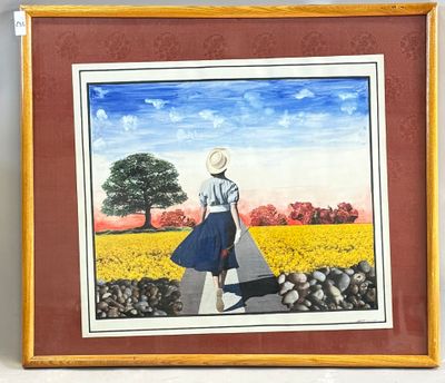 painting of a woman walking down a path in a field of flowers