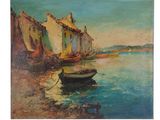 une peinture à l'huile représentant un bateau dans l'eau, à côté d'un bâtiment