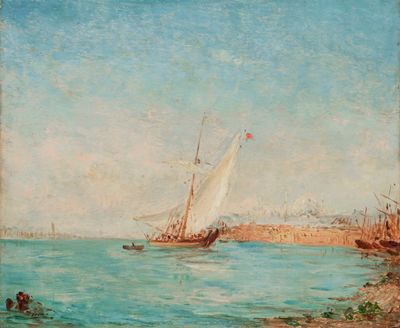 une image d'un tableau représentant un voilier sur l'eau