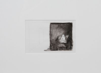 un dessin en noir et blanc représentant une personne assise sur une chaise