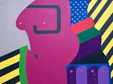 brightly colored abstract painting of a man with a hat and tie