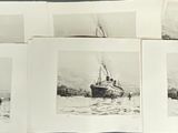 several black and white photographs of a boat in the water
