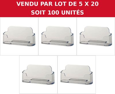four clear business card holders with a red and white background