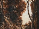 an image of a painting of a wooded road with trees in the foreground