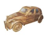 a wooden model of a car on display on a white background