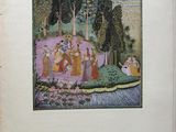 an old book with a painting of a group of people in a garden
