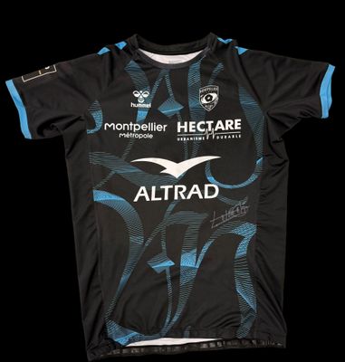 the shirt is black and blue with a white logo on it