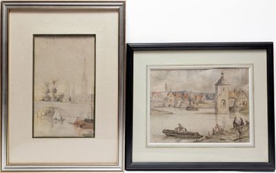 deux aquarelles encadrées représentant des bateaux sur une rivière, avec des bâtiments en arrière-plan
