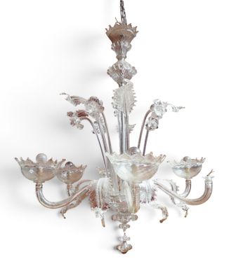 une image représentant un lustre en verre orné de fleurs et de feuilles