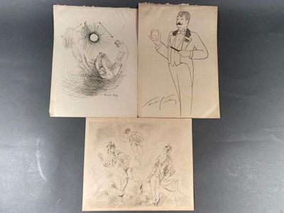 trois dessins représentant un homme en smoking, une femme en robe et un homme en smoking