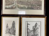 trois dessins encadrés représentant une ville et une rivière, dans un cadre en bois