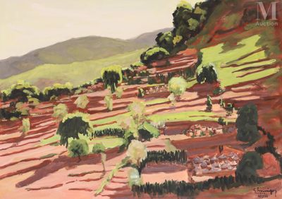 une peinture à l'huile représentant un paysage vallonné avec des arbres sur le flanc d'une colline
