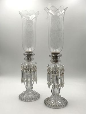 pair of crystal glass candlesticks with crystal beading