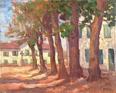 an oil painting of a street lined with trees in front of a building