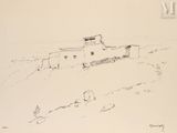 dessin représentant une maison sur une colline, avec un chien au premier plan