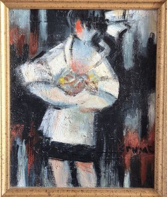 une peinture à l'huile représentant une femme tenant un bébé dans ses bras