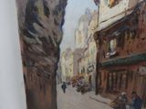 a painting of a street scene with people walking down the street