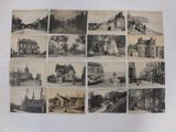 several old black and white photographs of a town and a church