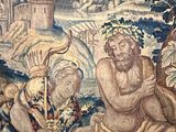 a tapestry with a painting of a biblical scene on it