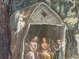 painting of a nativity scene in a wooded setting with angels