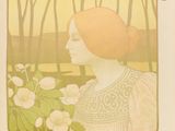 tableau représentant une femme aux cheveux roux dans un champ de fleurs