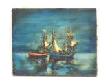 un tableau représentant deux bateaux flottant sur l'eau
