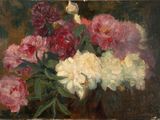 a painting of flowers in a vase on a table