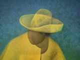 painting of a man in a yellow coat and a yellow hat