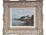 an image of a picture of a painting of a house by the water
