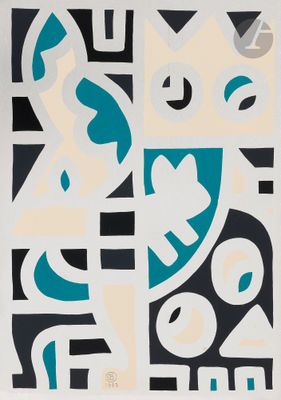 abstract painting of a cat and a bird on a black and white background