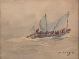 a painting of a boat in the water with people on it