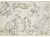four sketches of figures in oriental style, one of which is seated on a chair