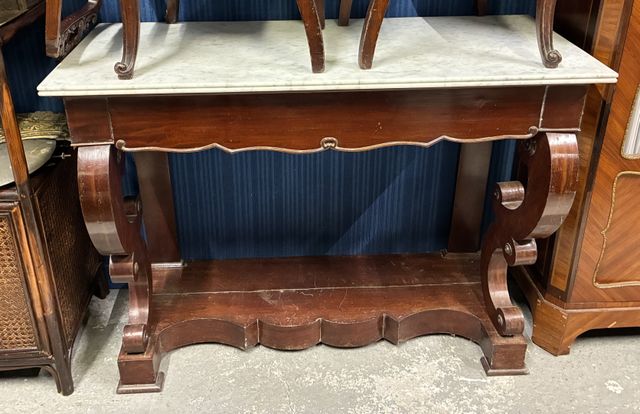 Console en acajou d'époque Restauration plateau marbre gris, ouvr...