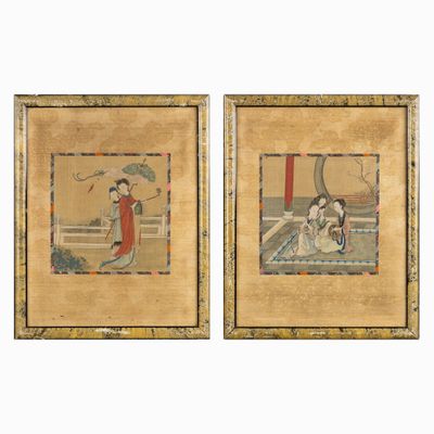 pair of asian paintings of a woman and a man with umbrellas