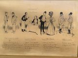un vieux dessin représentant un groupe de personnes debout autour d'une table