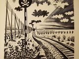 a black and white drawing of a train track with a skull on it